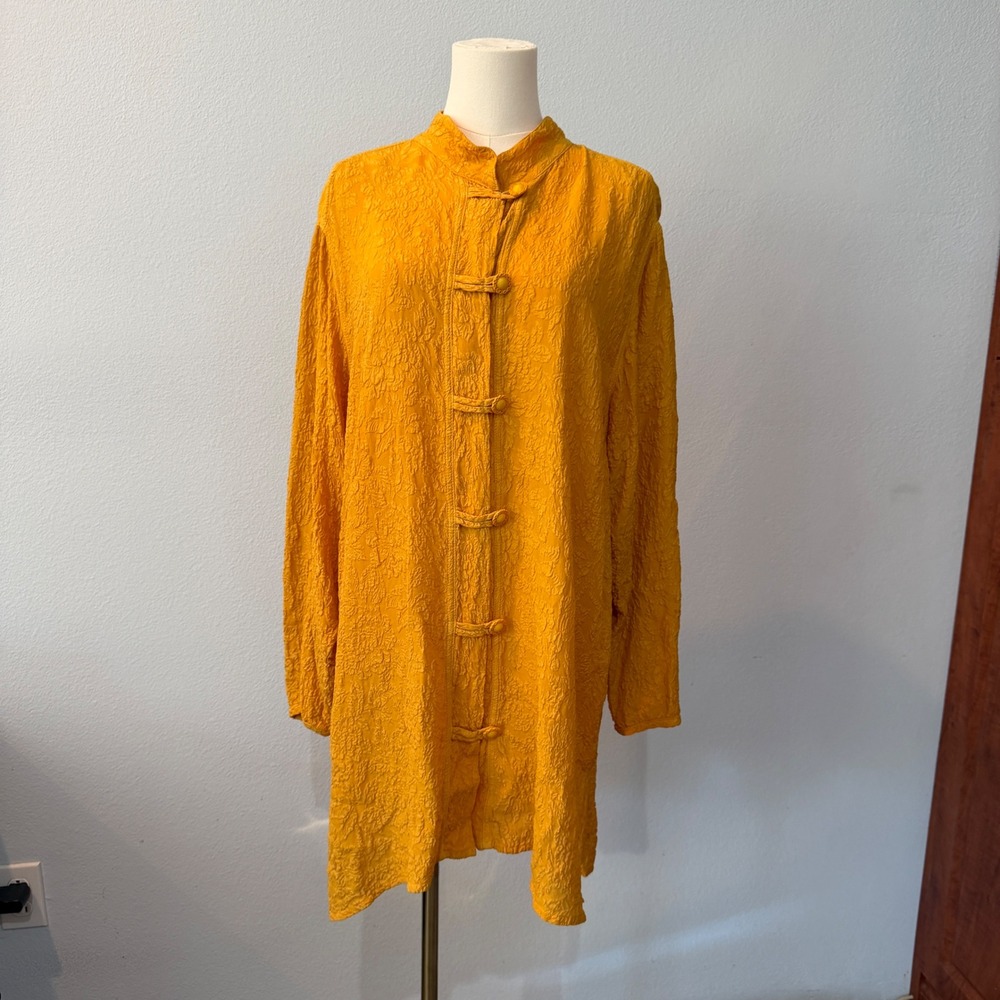 URU 100% Silk Yellow Crinkle Tunic Mandarin Collar Frog Toggle Lagenlook Large - Picture 2 of 14